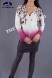 Ladies Cashmere V Neck Cardigan with Printings & Ombre Dye