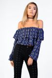 2017 Women Printing Chiffon Could Shoulde Long Sleeve Crop Top Blouses