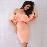 Women Winter Solid Bandage Dress Strapless Ruffles Short Sleeve Celebrity Dress Runway Casual Party Bodycon Dresses