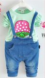 Ks1912 Summer Fashion Denim Kids Little Girl Clothing Set Cartoon T Shirt +Pockets Girl Denim Overalls Suspender Trouser Sets