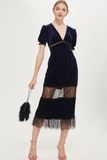 2018 Navy Blue Velvet Lace Mix MIDI Dresses