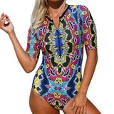 Wholesale Abstract Print Zip Front Half Sleeve One Piece Swimsuit