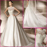 Beading Lace Satin Wedding Dresses Sheer Neck Long Bridal Gowns (AA108)