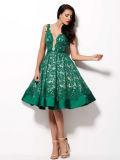 Deep Neck Green Knee Length Prom Gown Cocktail Dress
