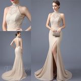 High-Neck Open Back Side Split Lace Chiffon Mermaid Evening Gown