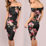 Fashion Women Sexy Slim Rose Flower Printed off Shoulder Bodycon Dress
