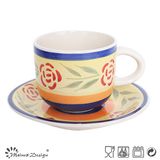 8oz Fancy Flower Stoneware Hand Painting Tea Cup & Saucer