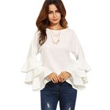 White Round Neck Ruffle Shirt Ladies Fashion Clothing Long Sleeve Women Fashion Blouse Tops