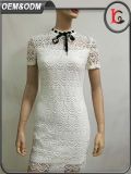 2017 New Fashion White Lace Bow Dress Short Sleeve Ladies Dress Korean Design