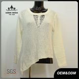 Women White Broken Mesh Long Sleeve Sweater