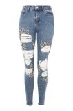 2017 Hot Sale Handmade Bead MID Blue Super Rip Skinny Jeans