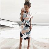 Summer Style Dress Casual Asymmetrical Geometric Printing Short Sash Knee-Length Dress O-Neck Elegant Women Dresses