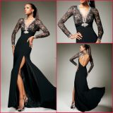Long Sleeves Party Dress Black Lace Chiffon Evening Dress (E13444)