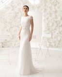 Capped Sleeve Sequin Satin Sheath Wedding Dress (RS017)