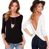 Fashion Deep V-Neck Sexy Blackless Cheap Women Long Sleeve T-Shirt