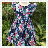 Girls Blue Navy Floral Print Children Girls Dress with Around Neck