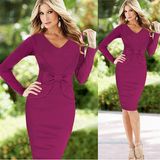 European and American Fashion Waist Bow Decoration Sexy Long-Sleeved Dress