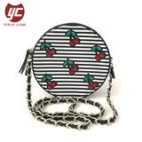 LC-025 New Arrival Cherry Embroidery Women's Small Cute Round Bags Coin Purse Mini Zipper Pouch Storage Bag Stripe Canvas