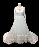 Aolanes Long Sleeve Applique Trim Lace Wedding Gown