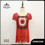 Women Boho Fringe Hem Short Sleeve Crop Sweater