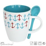 11oz Outside White Inside Blue Coffee Mug with Spoon