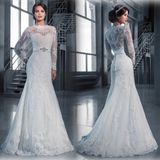 Modified A-Line Full Sleeves Appliqued Chapel Train Wedding Dress