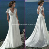 V-Neck Chiffon Wedding Dress Short Sleeves Bridal Gowns A35