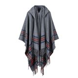 Women's Color Block Open Front Blanket Poncho Checked Cashmere Cape Thick Warm Stole Throw Hoodie Poncho Wrap Shawl (SP218)