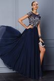 Sheer Beading Bodice Side Split Navy Blue Chiffon Evening Dress