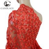 Red Color 3D Flower Bridal Lace Embroidered Fabric Wholesale