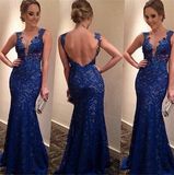 Women Deep V-Neck Blue Sexy Lace Backless Wedding Dress