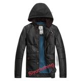 Men Leather Hoody Casual Fashion Warm Winter Clothing Waterproof Jacket (F-1633)