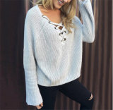 Hot Sale Summer Loose Deep V Neck Kintted Blank Apricot Ladies Pullover Sweater in Turkey