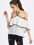 2017 High Quality Women Contrast Binding Flounce Halter Bardot Top Blouses