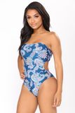 Summer New Women Print Swimsuit One Piece Bandeau Ruched Back Swimwear Beachwear Short