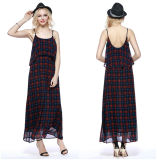 Classic Plaid Low Round Collar Backless Silp Dress Wholesale China