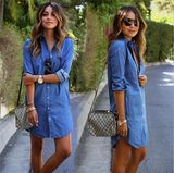 T1128 Women Fashion Jeans Shirt /Shirt Dress with Pockets Long Sleeve