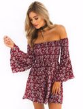 New Arrival Girls' off Shoulder Horn Sleeve Printed Flowers Dress