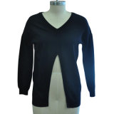 Front Slit Viscose/Nylon Long Sleeve Pullover Knitted Sweater