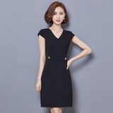 Elegant Ladies Deep V Neck Solid Color Slim Fit Dress