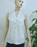 Wholesale Women Fashion Clothing 2017 White Pocket Lady Blouse Lace Chiffon Sleeveless Women Tops and Blouse