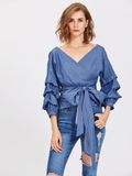 2017 New Designs Gathered Sleeve Surplice Wrap Chambray Blouses Tops Wholesale