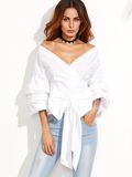 2017 High Quality Exaggerated Sleeve Surplice White Women Shirt Blouses with Bow Tie