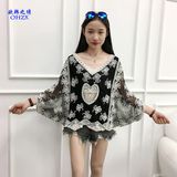 Heart Hollow out Lace Embroidery Bat Sleeve Blouse 2017 Women Cotton V-Neck Fashion Sexy Lady Beach Sunscreen Shirt Bikini Cover