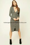 Women Open Fork Knitting Cardigan Rib Long Side Dress (W18-248)