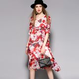 Silk Floral Loose Elegant Women Evening Dress with Ruffle