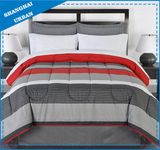 3 Piece Red Gray Stripes Printed Polyester Comforter Bedding