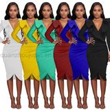 OEM Fashion Sexy Colorful Deep V Long Sleeve Dress