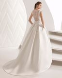 Boat Neck Lace Back Pleat Belt Satin Bridal Wedding Dress