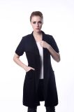 Women's Long Coat Short Sleeve Zip up Black Pocket Jacket